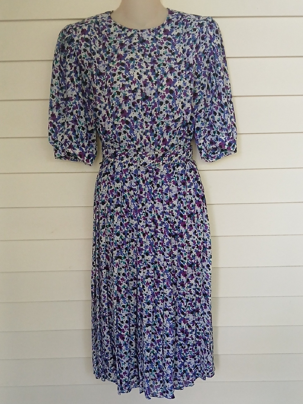 Vintage 80s Speckled Purple Green Black Midi Dress with Belt